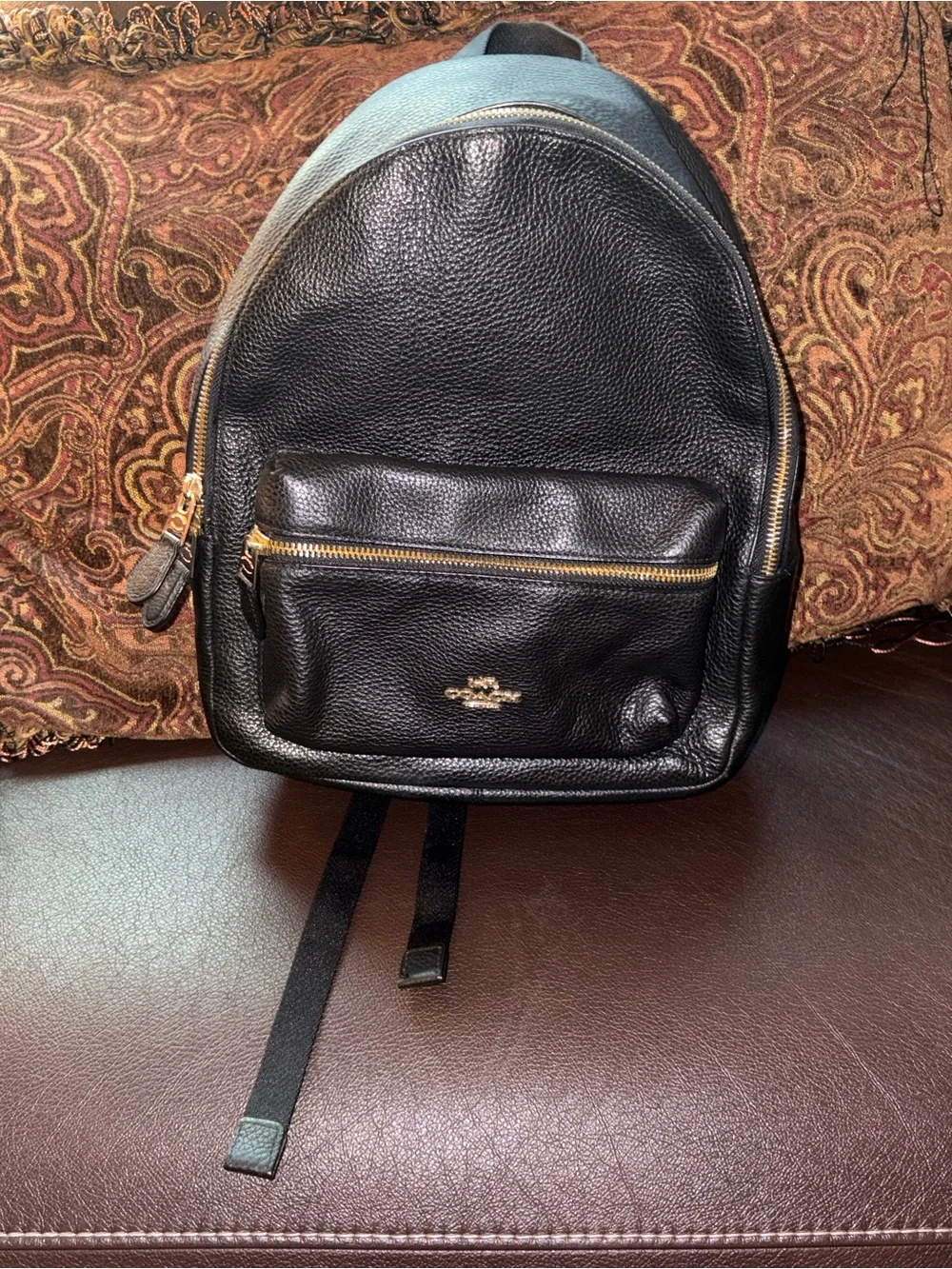 Coach Black Pebbled Leather Backpack with Gold Accents